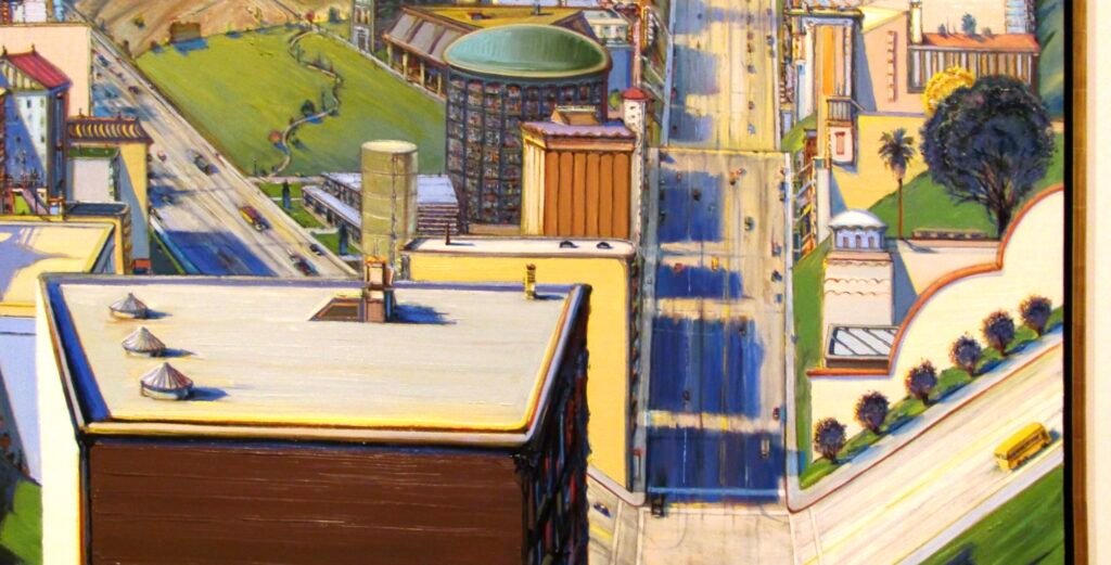 Wayne Thiebaud, Valley Streets, 2003. Oil painting of steep city streets with exaggerated perspective. Fisher Collection, SFMOMA
