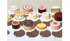 Wayne Thiebaud, Display Cakes, 1963. Oil painting of cakes arranged in rows with colorful frosting, resembling architectural forms