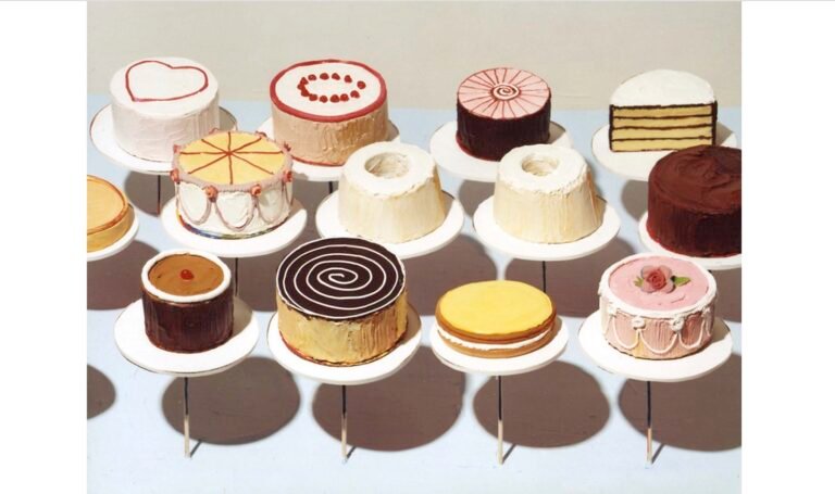 Wayne Thiebaud, Display Cakes, 1963. Oil painting of cakes arranged in rows with colorful frosting, resembling architectural forms