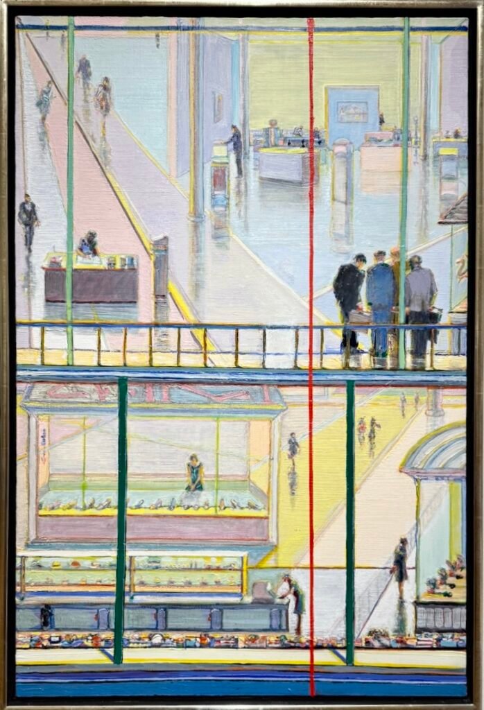 Wayne Thiebaud, Office and Shopping Mall, 2005–2021, a painting of a building with people walking on the stairs