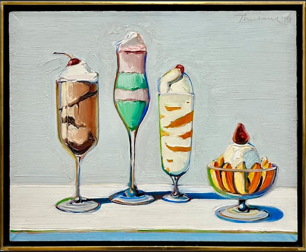 Wayne Thiebaud, Confections, 1962, Oil on canvas, a painting of different colored drinks