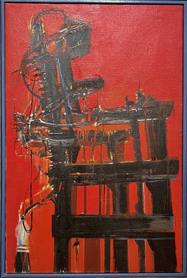 Wayne Thiebaud, Electric Chair, 1957, a painting of a structure on a red background