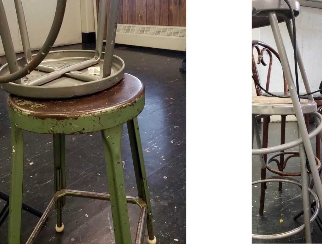classroom stools on the top of each other