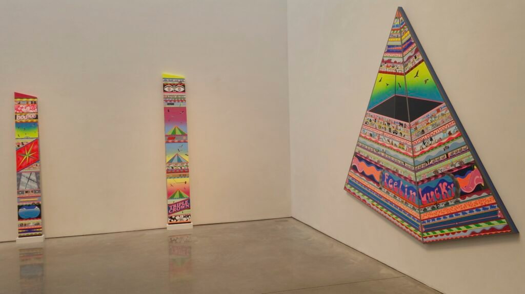 Colorful geometric art installation on wall