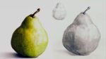 Green pear photo and pear drawing with value study