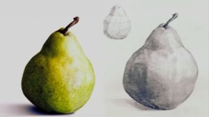 Green pear photo and pear drawing with value study