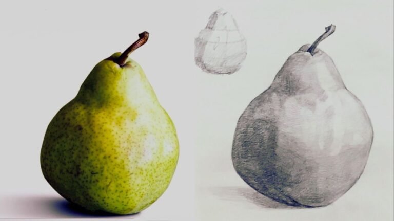 Green pear photo and pear drawing with value study