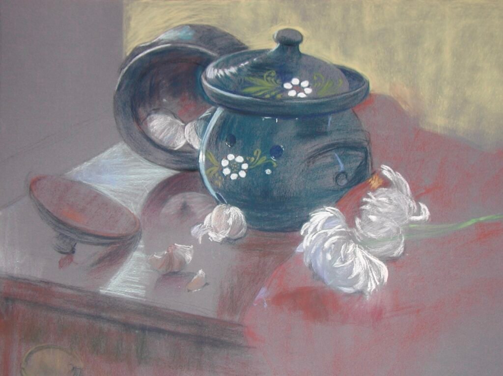 Blue Pot Still-life Drawing in Pastel