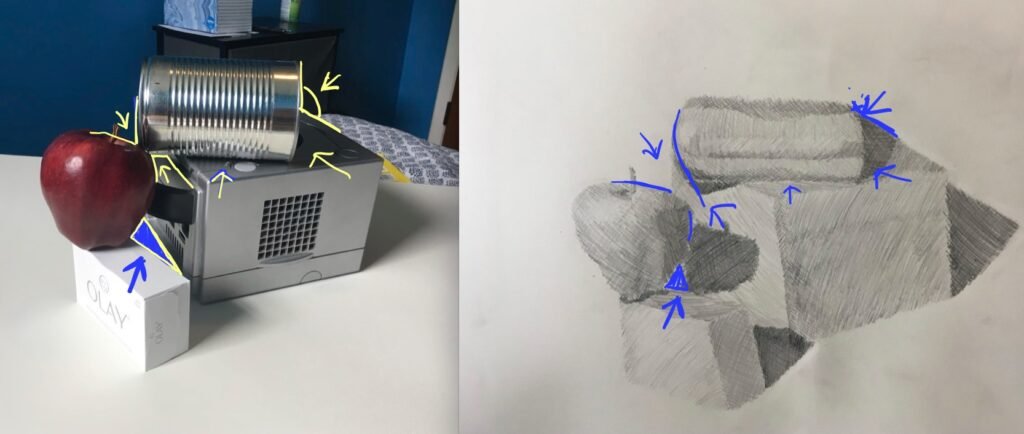 still life and drawing with correction marks