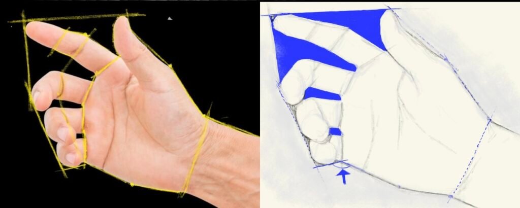 hand photo with a black background and hand drawing on the right