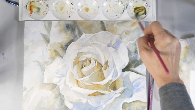 painting a white rose in watercolor